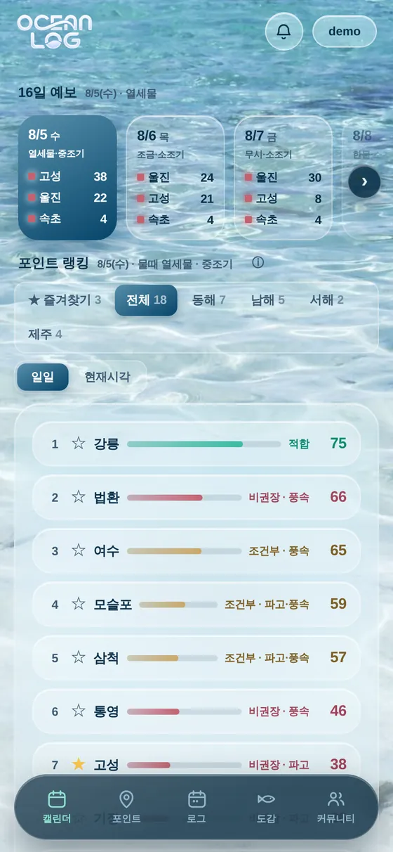 16일 예보 캘린더와 포인트 랭킹이 보이는 오션로그 홈 화면